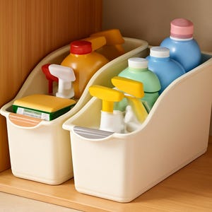 May include: Two off-white plastic storage bins filled with cleaning supplies. The bins contain yellow, orange, blue, and green bottles, spray bottles, and a sponge. The bins are on a wooden shelf, with a wooden cabinet in the background.