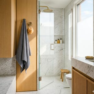 May include: A gray waffle-weave towel hangs on a circular hook next to a light-colored wooden cabinet. The bathroom features a glass-enclosed shower with marble walls, a gold shower head, a small wooden stool, and a white toilet.