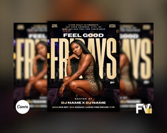 Puede incluir: Un folleto promocional para un evento de viernes por la noche. El diseño presenta las palabras "FEEL GOOD FRIDAYS" en letras doradas grandes. Una mujer con un vestido con estampado de leopardo es la imagen central. El folleto incluye detalles del evento y el logotipo de Canva.
