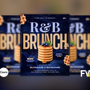 May include: A promotional flyer for an R&B Brunch event. The design features the text "R&B Brunch" in large, bold letters, with a stack of pancakes topped with blueberries and syrup. Additional text includes event details and contact information.
