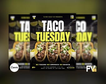 Folleto del Club de los Martes de Tacos, Folleto de Tacos y Tequila, Plantilla editable de Canva
