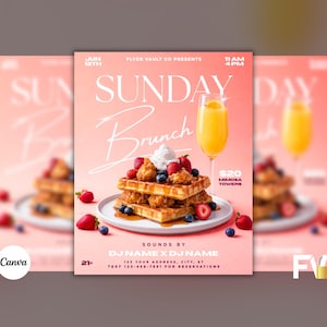 May include: A pink promotional flyer advertising a Sunday Brunch event. The design includes a stack of waffles with berries and cream, a mimosa, and the words "Sunday Brunch" in a decorative font. The flyer also includes the date and time.