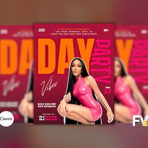 May include: A promotional flyer for a "Day Party" event. The design features a woman in a pink dress, with the words "DAY PARTY" in large orange and pink letters. The flyer includes event details and the date, June 17.