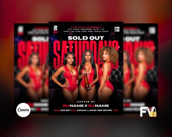 Puede incluir: Folleto promocional para un evento de sábado con el texto "SOLD OUT SATURDAYS" en rojo. La imagen muestra a tres mujeres en trajes de baño rojos. El folleto incluye detalles del evento como la fecha, la hora y los nombres de los anfitriones.