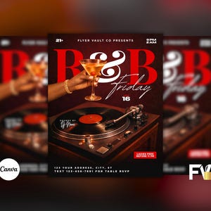 Può includere: Volantino promozionale per un evento B&B Friday. Il design presenta una mano che tiene un cocktail, un giradischi vintage e il testo "B&B Friday 16". Il volantino è rosso scuro e nero con testo bianco.