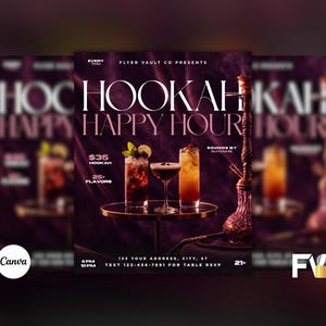 Flyer för vattenpipa-lounge, happy hour för vattenpipa, flygblad för klubb-vattenpipaevenemang, redigerbar Canva-mall
