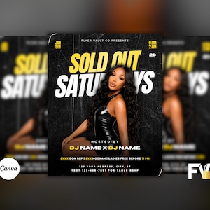 Può includere: Volantino promozionale con un design nero e giallo. Il testo "SOLD OUT SATURDAYS" è ben visibile. È presente una donna in abito nero. Il volantino include i dettagli dell'evento e un logo Canva.