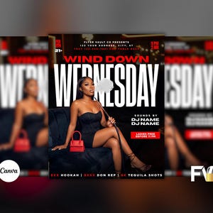 Puede incluir: Un folleto promocional para un evento del miércoles por la noche, con una mujer vestida de negro. El texto dice "Wind Down Wednesday" en letras blancas grandes, con detalles del evento y nombres de DJ. Se ve un bolso rojo.
