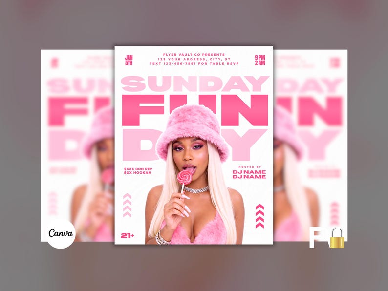 K&ouml;nnte beinhalten: Werbeflyer f&uuml;r eine "Sunday Fun Day"-Veranstaltung, mit einer Frau in rosa Outfit, die einen Lolli h&auml;lt. Der Flyer hat rosa Text auf wei&szlig;em Hintergrund, mit Veranstaltungsdetails und dem Text "21+".