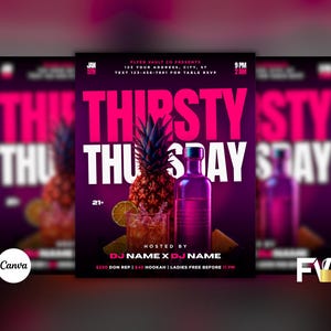 Può includere: Un volantino promozionale per un evento "Thirsty Thursday". Il design presenta un ananas, un cocktail e una bottiglia, con la scritta "Thirsty Thursday" in grandi lettere rosa. Il volantino include i dettagli dell'evento e un logo Canva.