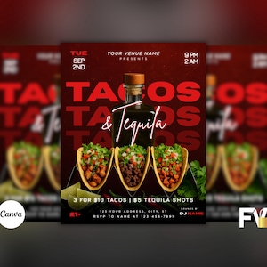 May include: A promotional flyer for a Taco and Tequila event. The design features the words "Tacos & Tequila" in a bold, red font, with images of tacos and a tequila bottle. The event is on Tuesday, September 2nd, at 9 PM.