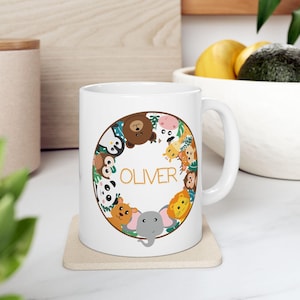 Personalized Playful Animal Ceramic Mug Cute Wildlife Milk Mug, Animal Lovers Gift, Fun Tea Mug, Kids Birthday Present, Zoo Themed Drinkware