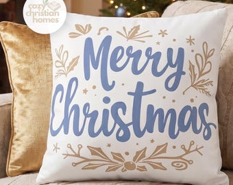 クリスマス枕カバー｜リビングルームのクリスマスデコレーション｜ブルー＆タン（隠しファスナー付き）