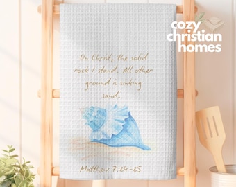 Mateo 7:24-25 Toalla de mano de cocina con tejido de gofre costero / Decoración cristiana para casa de playa