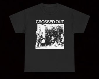May include: Black t-shirt with a white graphic. The graphic features the text "CROSSED OUT" above a black and white image of people. The image appears to be a photograph or illustration.