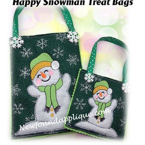 In The Hoop Happy Snowman Treat Bag Embroidery Machine Design Set