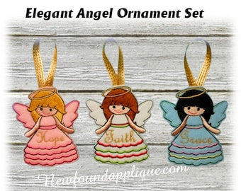 May include: Set of three embroidered angel ornaments with gold haloes and wings. Each angel is wearing a different colored dress and has a different word embroidered on the front: Hope, Faith, and Grace.