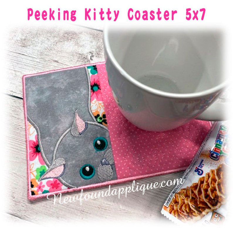 In The Hoop Peeking Kitty Coaster 5x7 Embroidery Machine Design image 1