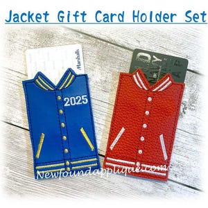 May include: Blue and red jacket-shaped gift card holders with gift cards inside. The blue holder has gold accents and the number "2025". The red holder has white accents. The text "Jacket Gift Card Holder Set" is at the top.