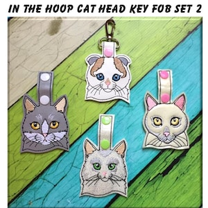 In The Hoop Cat Head Snap Key Fob Embroidery Machine Design Set #2