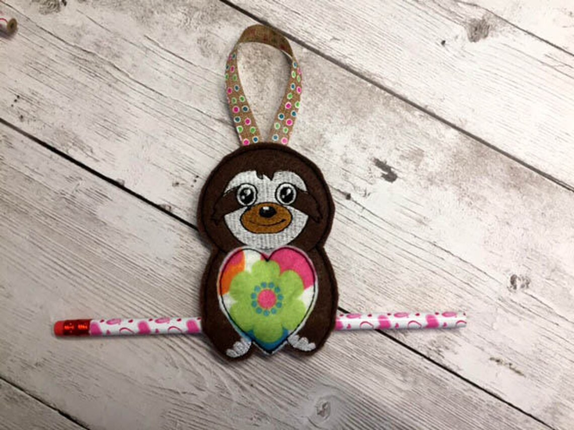 In the Hoop Sloth Valentine Heart Pencil Holder Embroidery Etsy