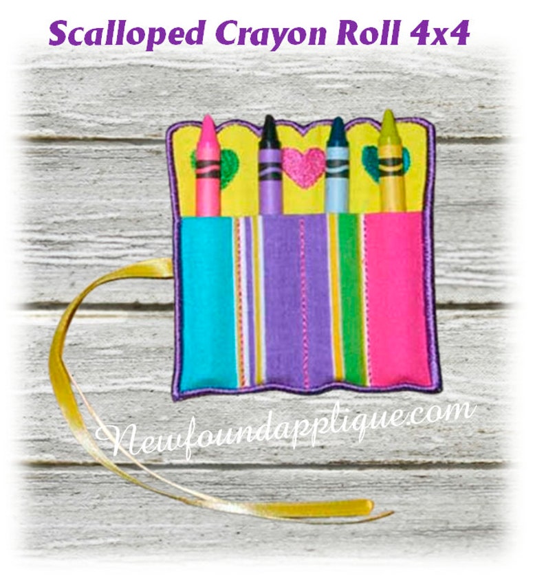 May include: A vibrant crayon roll with a scalloped edge, holding four crayons. The roll has a striped pocket in teal, purple, and pink, and a yellow border. The text "Scalloped Crayon Roll 4x4" is at the top.
