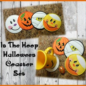 May include: Set of six Halloween-themed coasters featuring a ghost, pumpkin, mummy, and a smiling face. The coasters are in the hoop and ready to be stitched. "In The Hoop Halloween Coaster Set" is written on the image.