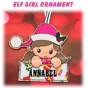 In The Hoop Elf Girl Name Ornament Embroidery Machine Design