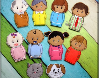 May include: A set of felt finger puppets depicting a family, including a grandmother, grandfather, mother, father, two children, a cat, and a dog. The puppets are colorful and have embroidered details.