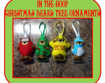 In The Hoop Christmas Bear Tree Ornament Embroidery Machine Designs
