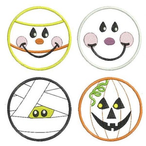 May include: Four round embroidery designs featuring Halloween characters. The designs include a smiling mummy, a pumpkin with a jack-o-lantern face, a smiling ghost, and a smiling snowman.