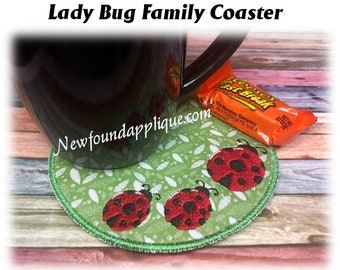 In The Hoop Lady Bug Family Coaster Embroidery Machine Design