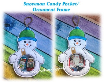 In The Hoop Snowman Treat Pocket Picture Frame Ornament Embroidery Machine Design