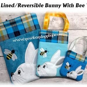 Bunny With Bee Lined Tote Bag Embroidery Design