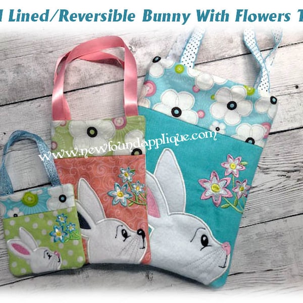 In The Hoop Bunny With Flowers Lined Tote Bag Embroidery Machine Design