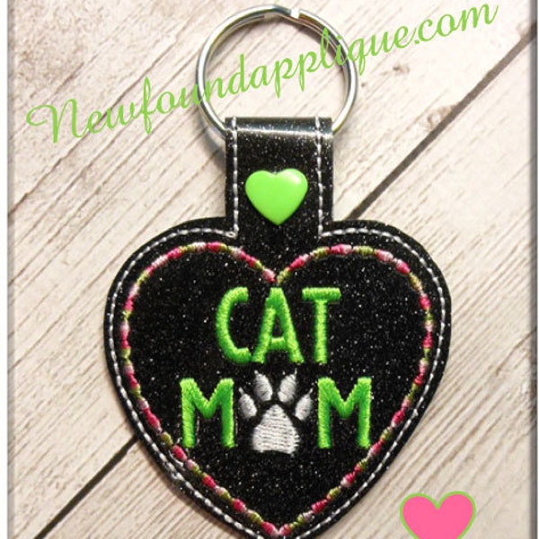 In The Hoop Cat Mom Snap Tab Key Fob Embroidery Machine Design