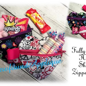 Diseño de máquina de bordar para bolsa de corazón con cremallera y forro en bastidor para bastidor de 4" x 4" y 5" x 7"