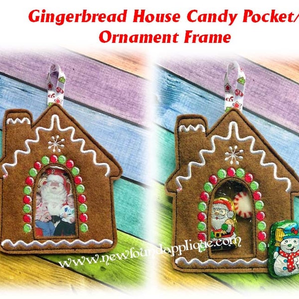 In The Hoop Gingerbread House Treat Pocket Picture Frame Ornament Embroidery Machine Design