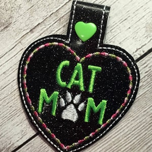 In The Hoop Cat Mom Snap Tab Key Fob Embroidery Machine Design