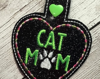In The Hoop Cat Mom Snap Tab Key Fob Embroidery Machine Design
