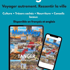 Peut inclure: Image promotionnelle turquoise pour un guide de voyage à Tanger, Maroc. L'image présente une tablette et un smartphone affichant la couverture du guide. Le texte comprend "Tanger", "Voyager autrement" et "PDF - Téléchargement instantané".