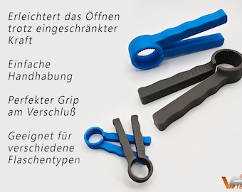 May include: Bottle opener tools in blue and gray. The tools have a circular opening on one end and a handle on the other. The text on the tools reads "UNTEN". The image also includes text in German.