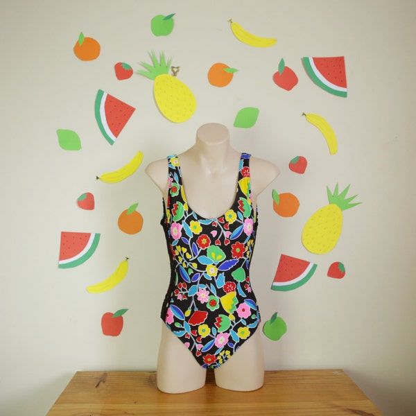 Vintage 90s Floral 60s Print bright Coloured Swimsuit with Lace Side Cut Out Bodysuit Bright Summer Festival pin up