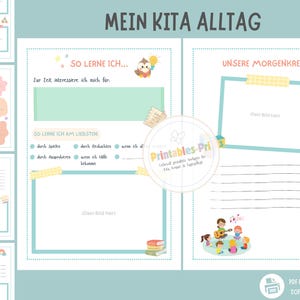 May include: A printable PDF document with the title "MEIN KITA ALLTAG" in teal. The document features sections for notes, drawings, and the text "SO LERNE ICH..." and "UNSERE MORGENKREIS". Includes illustrations of a monkey, books, and children playing music.