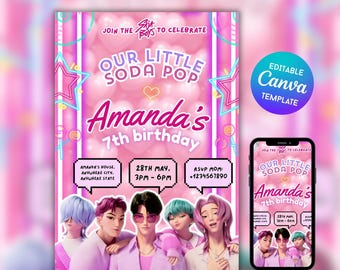 Invitación de cumpleaños editable de Saja Boys Huntrix Kpop Demon Hunter para niñas y niños, plantilla editable de Canva, tarjeta digital para fiesta infantil.