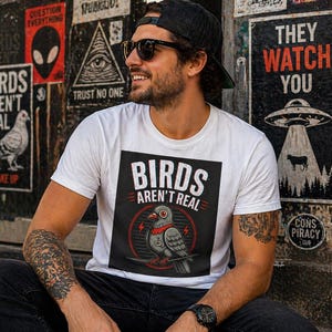Birds Aren't Real pigeon design Tee | Conspiracy, Retro Graphic Shirt image 3