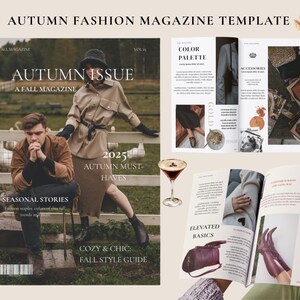 Könnte beinhalten: Magazin-Vorlage mit dem Titel "Autumn Fashion Magazine Template". Das Cover zeigt "Autumn Issue" und "2025 Autumn Must-Haves". Im Inneren präsentieren Seiten Farbpaletten, Accessoires und Basics. Ein Cocktail und ein Kürbis sind ebenfalls zu sehen, mit dem Text "Cozy & Chic Fall Style Guide."