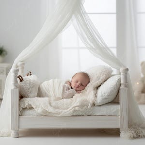 May include: A newborn baby sleeps peacefully in a white wooden bed with a canopy. The bed is adorned with soft, white bedding and a fluffy pillow. A white teddy bear and decorative basket are in the background.