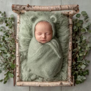 May include: A newborn baby wrapped in a soft, sage green blanket and matching bear-eared bonnet, nestled in a wooden framed bed with a fluffy green interior. Eucalyptus branches frame the bed, creating a serene, natural scene.