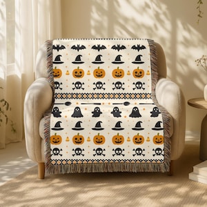 Spooky Halloween Woven Blanket - Ghosts, Pumpkins & Witch Hats - Fall Throw Blanket in 3 Sizes